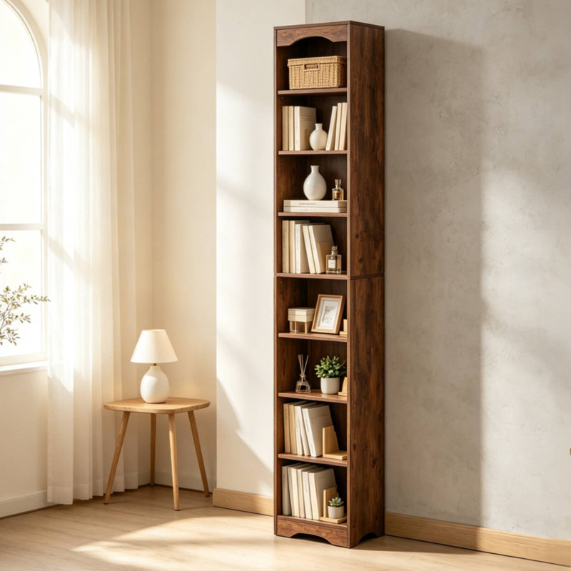 Bibliothèque d'angle à 8 niveaux, grande bibliothèque étroite brune pour les petits espaces, étagère de rangement moderne pour le salon, la chambre à coucher ou le bureau