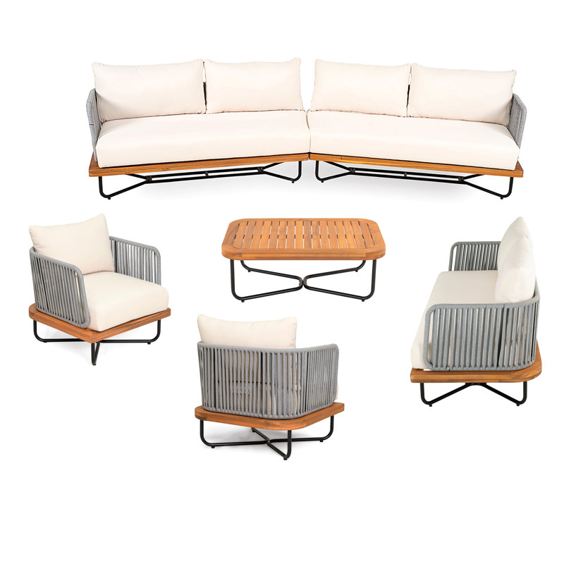 Outdoor 8 Seaters Acacia Wood And Rope Woven Paito Conversation Set, Beige