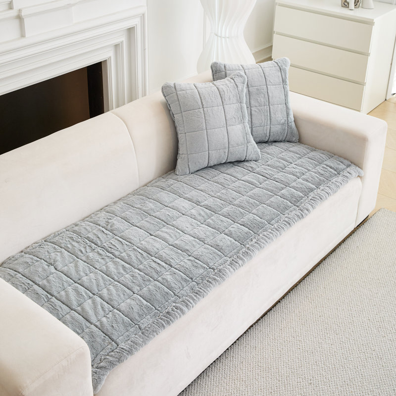 Fur Sofa Cushion Cover Slipcover, Non-Slip Couch Cushion, 2" H x 71" W x 27.56" D, Light Gray Faux Fur