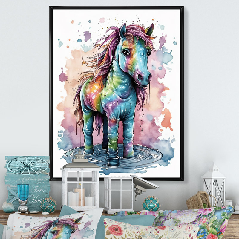 Arc-en-ciel, licorne mystique, H 40 po x l 30 po x P 1,5 po, Cadre flottant noir