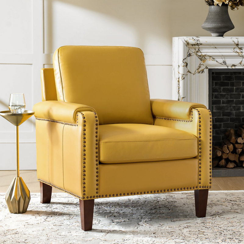 Lucien 31.5'' Wide Genuine Leather Armchair Chair With Solid Wood Legs, Yellow