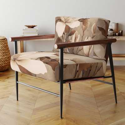 Fauteuil de ferme rustique à motif floral, recouvert de velours, motif Magnolias blanc et brun