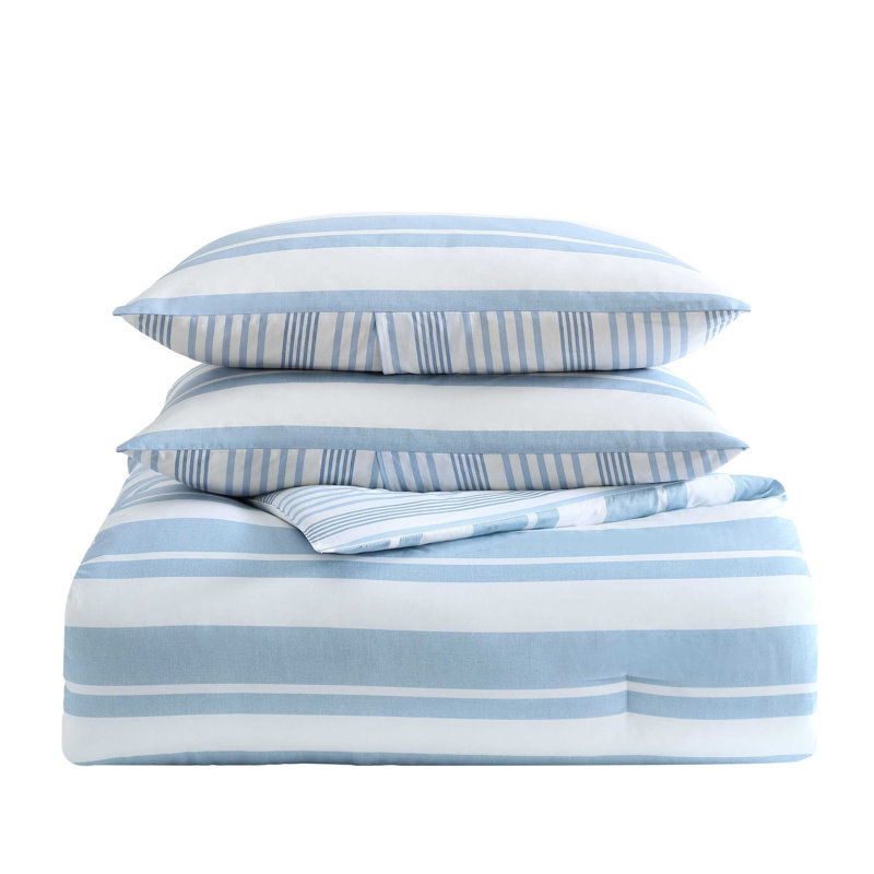 Nautica Riverside Stripe Cotton Reversible Blue Comforter Set, Twin Comforter + 1 Standard Sham