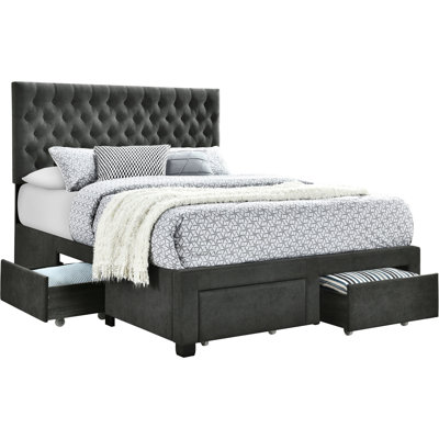 Full Size Grey Upholstered Bed, Soft Charcoal Or Fabric, Four Drawers, Button - Headboard, Slat Kit Storage Panel Spacious Drawers For Bedroom Essentials