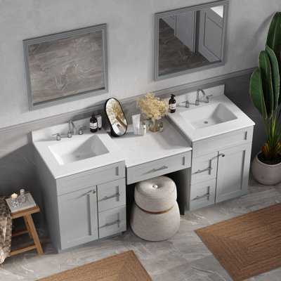 73'' Double Bathroom Vanity With Desk Dovetail Solid Wood Drawer With Carrara Quartz Top