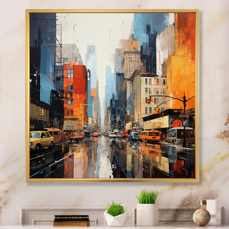 Mid-Century Mid-Century Metropolis II - art abstrait bleu Mid-Century, H 16 po x l 16 po x P 1 po, Cadre flottant doré