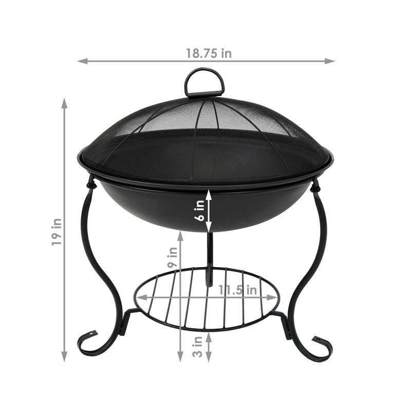 Neppie 18" Round Wood-Burning Black Finish Steel Fire Pit Bowl with Spark Screen