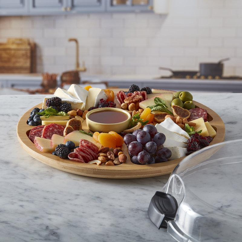 Farberware Build-a-Board Bamboo Serving Board, Round Snack Board with 5 Dividers, Clear BPA-Free Lid and Black Secure Snap Locking Handles, 35.5cm