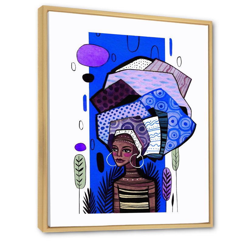 Fille afro-américaine avec géométrie bleue - Peinture sur toile, H 32 po x l 24 po, Cadre flottant en érable