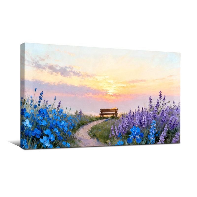 Plantes et fleurs, coucher de soleil, sentier, banc, champ de fleurs, toile de paysage, H 16 po x l 32 po