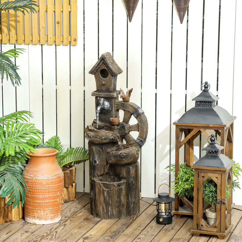 2-in-1 Outdoor Water Fountain with Birdhouse, Outdoor Waterfall Fountain with LED Lights Pump, Tree Trunk Outdoor Water Feature, Resin Garden Fountain, Mixed Color