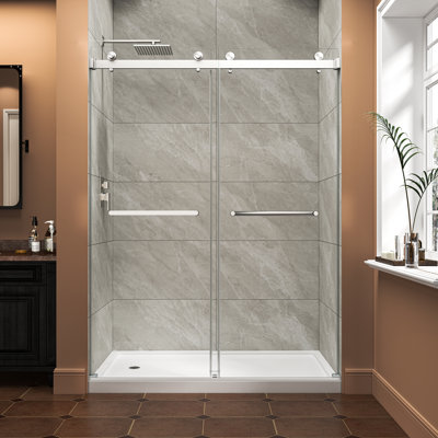 Selvarae Reversible Frameless Double Bypass Sliding Shower Door with 5/16" Tempered Glass & Nano Explosion-proof Film