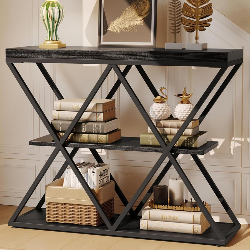 3-Tier Industrial Entryway Console Table - Warm Rustic Vintage Wood, Double X Metal Frame with 2 Shelves, Black, Black