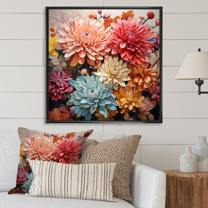 «Soft Elegance Mums Flowers I» sur toile, Cadre flottant noir, H 36 po x l 36 po x P 1,5 po