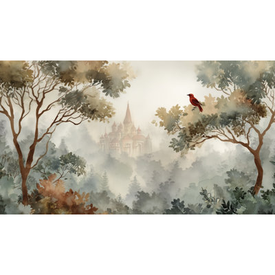 Papier peint château, paysage d'oiseaux brumeux