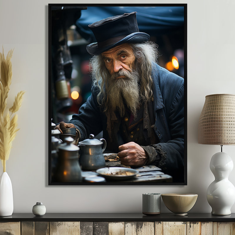 Mystérieuse barbe avec un chapeau noir - impression d'art mural, Toile avec cadre flottant noir, H 32 po x l 16 po x P 1 po