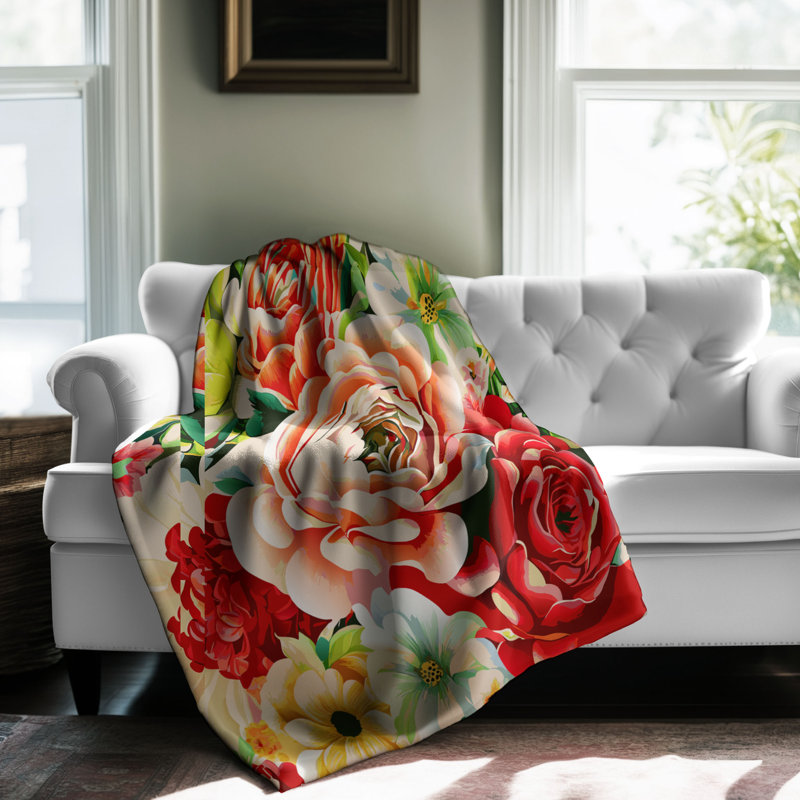 Motif Groovy - 1 pièce Sherpa Premium, Grand lit, Rouge / vert clair / jaune floral