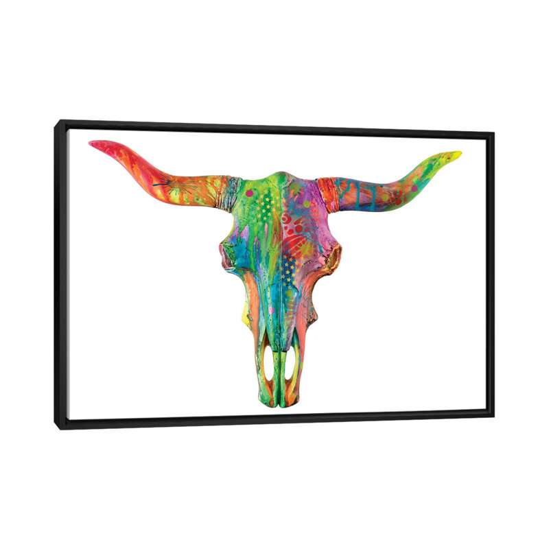 « longhorn », impression sur toile, H 18 po x l 26 po x P 1,5 po, Toile avec cadre noir, Pas de tapis