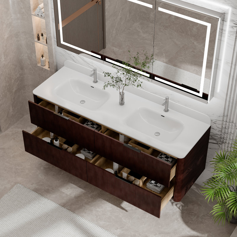 Meuble-lavabo double 60 po avec comptoir intégré en acrylique 60 po, armoire en chêne massif Reeded, tiroirs à fermeture en douceur, finition noire, chêne ou noyer