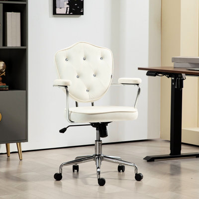 Fauteuil pivotant confortable pour le bureau, tissu de velours blanc crème, bouton, inclinaison et hauteur réglables, avec roulettes Une chaise de bureau agréable, expérience de travail en velours ajustable
