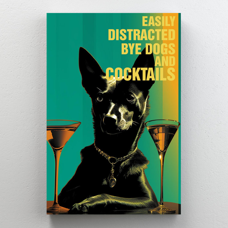 Marisia, chiens et cocktails sur toile, H 14 po x l 11 po x P 1,25 po