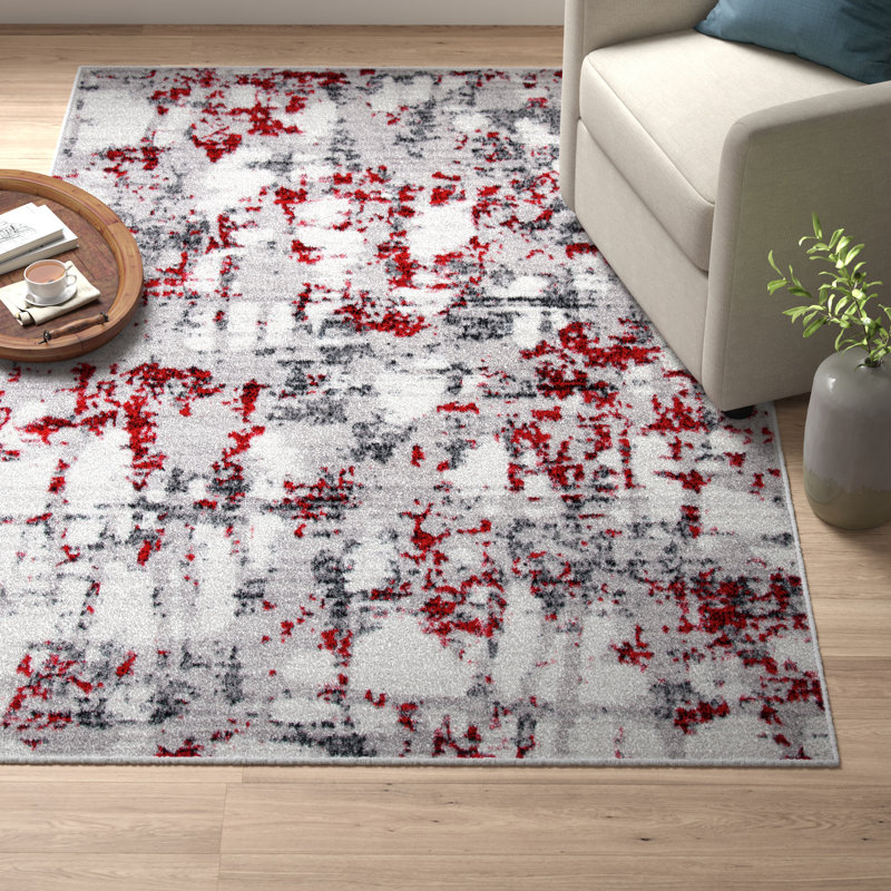 Tapis gris / rouge / blanc à motif abstrait Mascia, Rectangle 5 pi 1 po x 7 pi 6 po