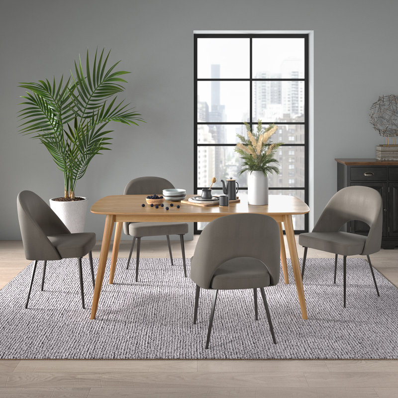 Farrish Mid-Century Modern Tapered Dining Set - Herringbone Fabric, 63" Dining Table And 4 Chairs, Gray, Natural