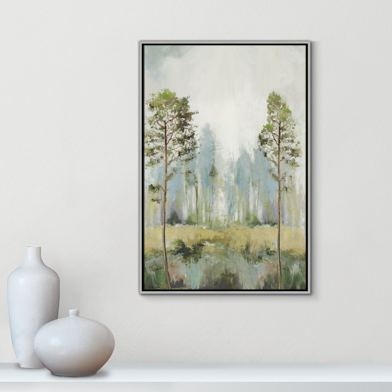 Tall Green Trees II by Teton Pearce - Floater Frame Print on Canvas, 37.5" H x 25.5" W, Silver