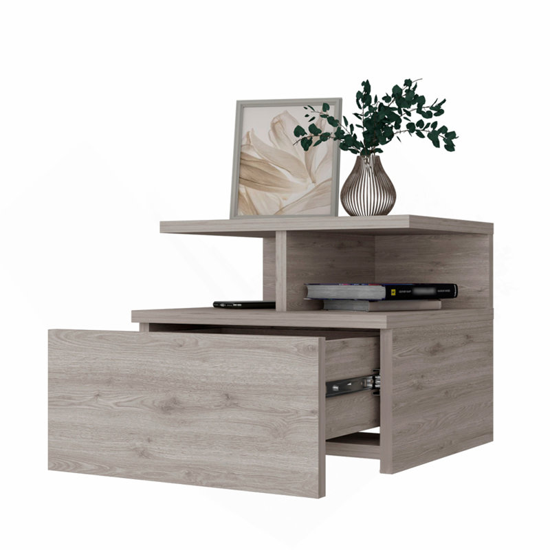 Table de chevet flottante avec tablette à 2 niveaux et 1 tiroir, Light Gray, Light Gray, Gris clair