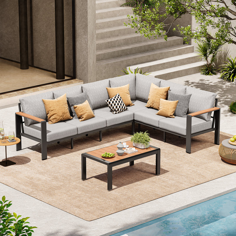 Ensemble de canapé modulaire en forme de L pour 6 personnes avec table basse et coussins, Gray Cushion/Black Frame