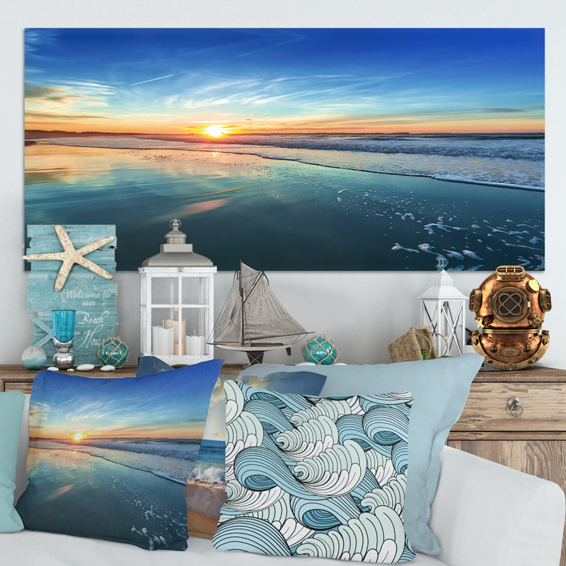 Paysage marin «Seashore with Distant Sunset», reproduction de photo, H 28 po x l 60 po, Toile tendue, Ne s’applique pas
