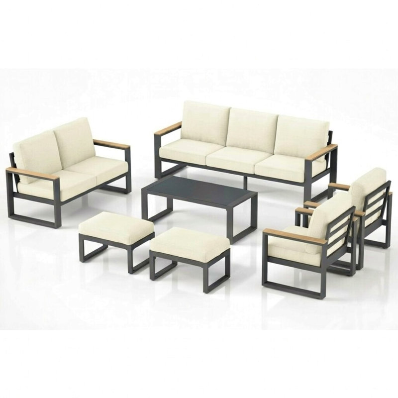 All-Weather 7-Piece Aluminum Patio Furniture Set, 9-Seat Conversation Sofa With 10 Inches Extra Thick Beige Back Cushions, Glass Table And Ottoman