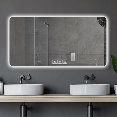 Miroir de salle de bain 28 * 60 "à DEL, résistant à la corrosion, trois couleurs à intensité variable, miroir rétroéclairé avec fonction de désembuage à une touche
