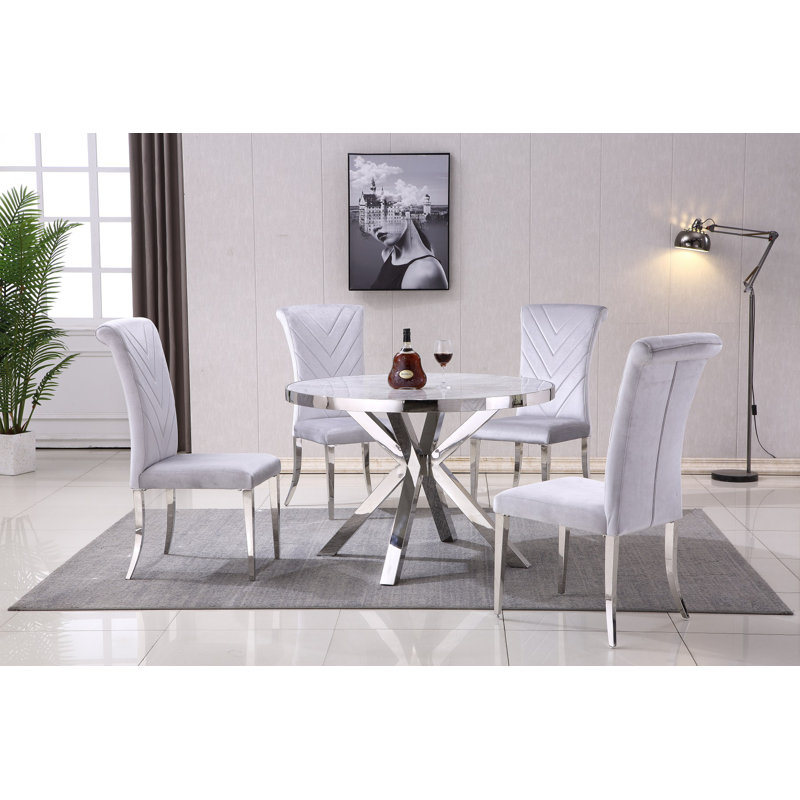 Round Faux Marble Top Metal Base Dining Table, Gray/Silver