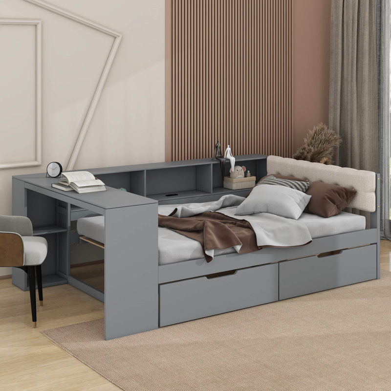 Lit plateforme avec tiroirs, tablettes de rangement, station de charge et tête de lit tapissier, Lit double, Gris