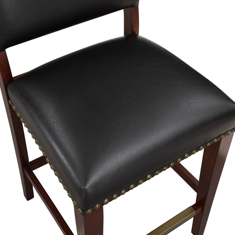 Élégant tabouret de comptoir brun foncé - base en bois franc et revêtement en similicuir avec garniture antique pour plus de stabilité