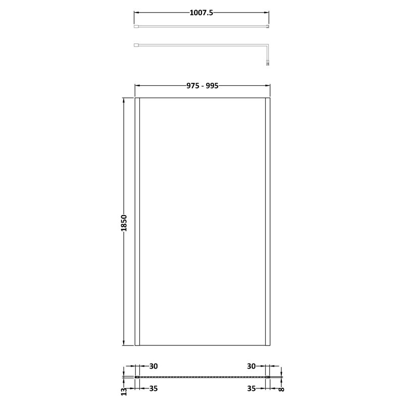760Mm Outer Framed Wetroom Screen With Support Bar, Black, 185cm H x 100cm W x 1.40cm D