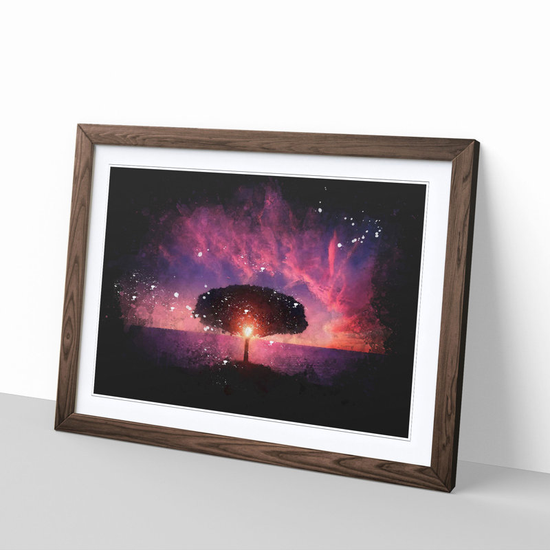 Lone Tree Beneath a Purple Sunset - Picture Frame Graphic Art Print, 62cm H x 87cm W x 2cm D, Walnut Framed