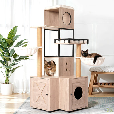 63" Multi-Functional Cat Tree With Litter Box - Includes Removable Washable Cushion, Scratching Posts & Toy Hanger, Modern Design