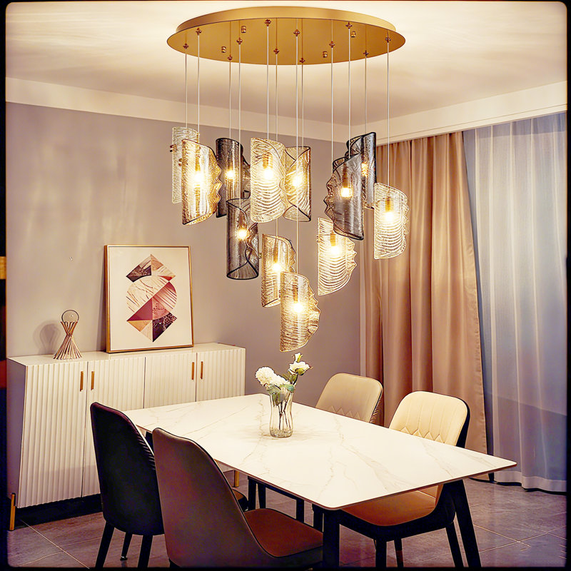 Lustre moderne en verre texturé artistique moderne, 12 lumières, H 78,75 po x l 24,75 po x P 24,75 po