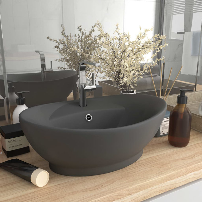 Belfry Bathroom Pearlene 390mm W Ceramic Oval Sink with Overflow, Dark Grey