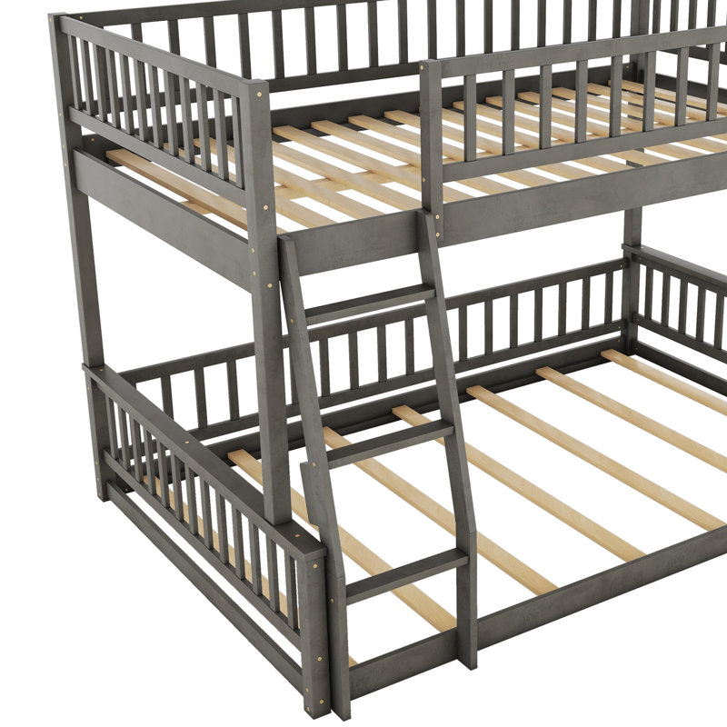 Bunk Bed With Ladder And Guardrails, Gray, Full XL Over Queen