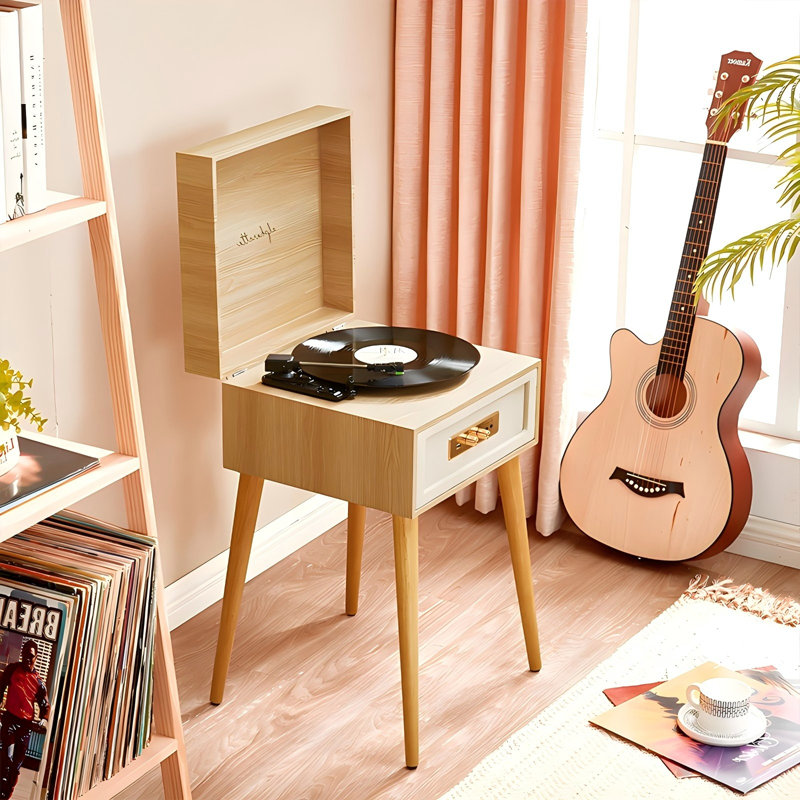 Phonographe intégré en bois massif naturel avec haut-parleur Bluetooth