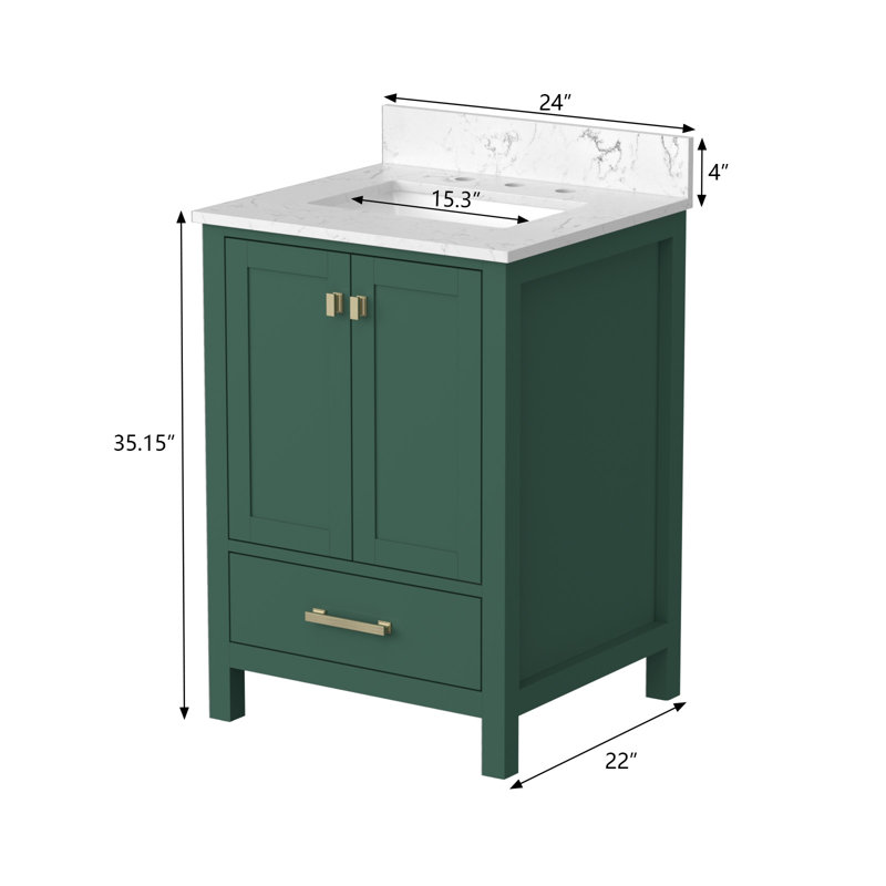 Meuble-lavabo de 24 po en bois massif vert avec lavabo intégré et tiroirs à fermeture en douceur
