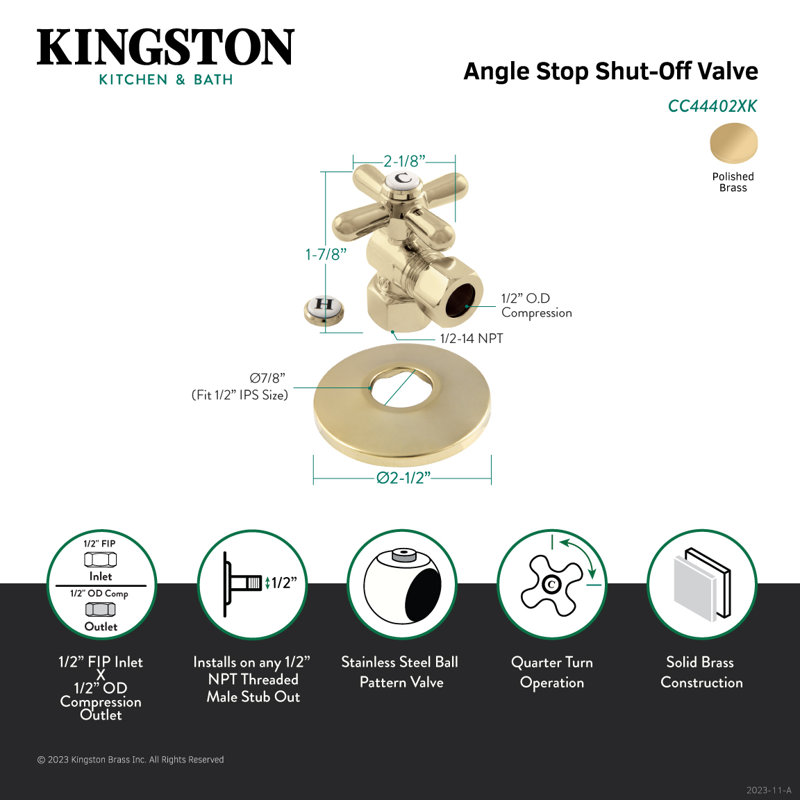 Kingston Brass 1/2-Inch FIP x 1/2-Inch OD Comp Quarter-Turn Angle Stop Valve with Flange, Polished Brass