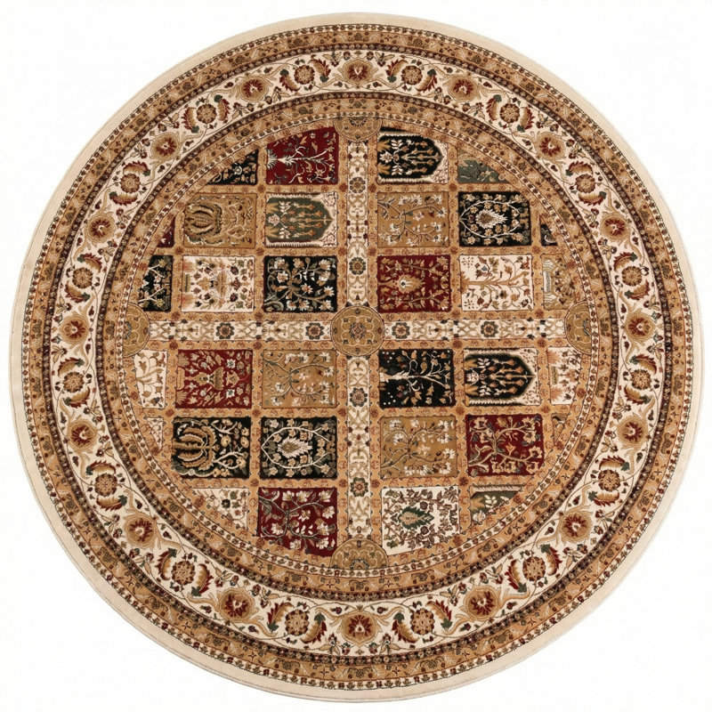 Rug Branch Jinan 7' x 7' (7'6" x 7'6") Beige/Red Persian Garden Indoor Round Area Rug, Traditional, Low Pile, Stain-Resistant Carpet - Living Room, Bedroom, Dining Room, and Kitchen