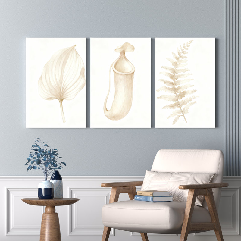 Ensemble de 3 tableaux muraux botaniques sur toile tendue représentant une fougère et une feuille de carnivore