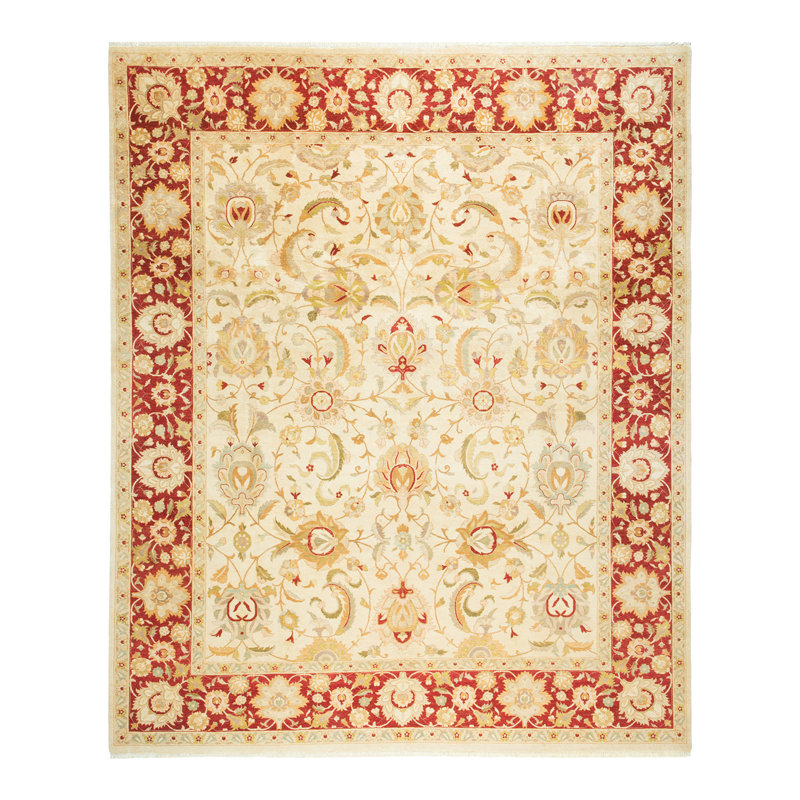 Tapis unique en laine noué à la main ivoire / rouge nouvel âge 8 pi 2 po x 9 pi 10 po Keenan
