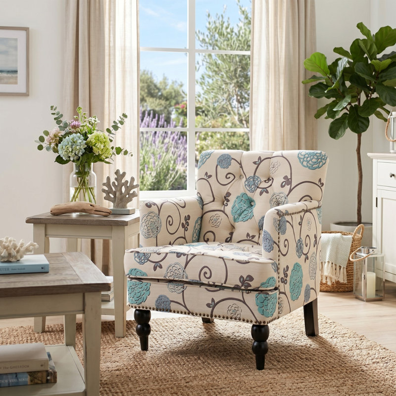 Lofties Contemporary Polyester Armchair with Solid Birch Wood Frame, Plush Cushions, Nailhead Trim, and Button-Tufted Diamond Detailing