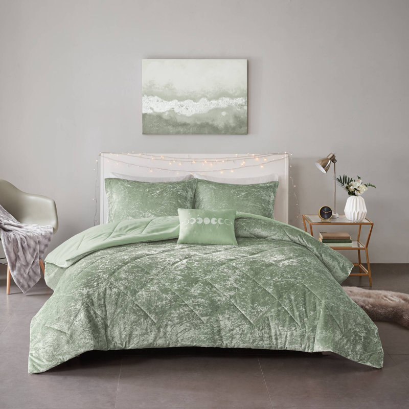Felicia Crushed Velvet Comforter Set with Throw Pillow, Green, Twin/TwinXL Comforter+1Standard Sham+Throw Pillow